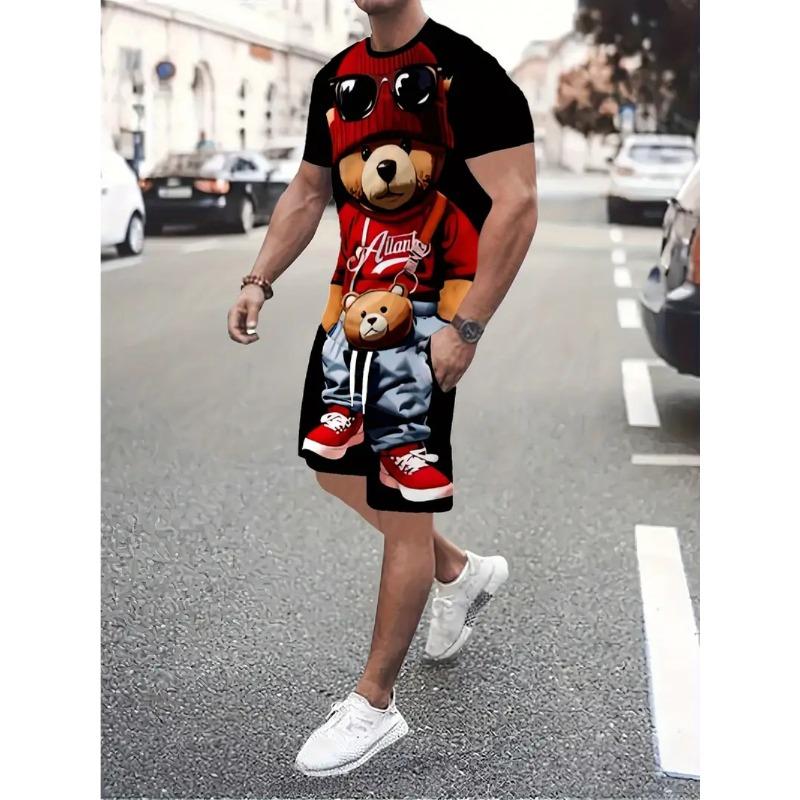 Summer Cartoon Toy Bear Print Fashionable Loose Sportswear Men's Daily Comfortable Two-piece Sport Wear