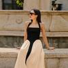 Women's Black and White Spliced Hanging Neck Backless Long Dresses U-neck Daily Casual Versatile Style Summer New Women's Contrasting Dresses