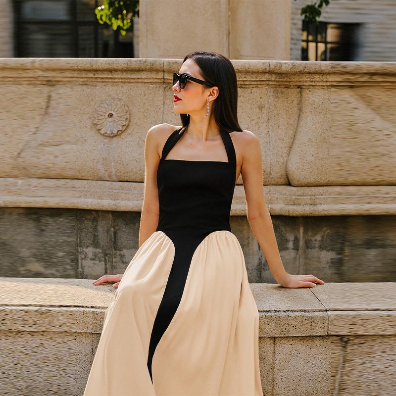 Women's Black and White Spliced Hanging Neck Backless Long Dresses U-neck Daily Casual Versatile Style Summer New Women's Contrasting Dresses