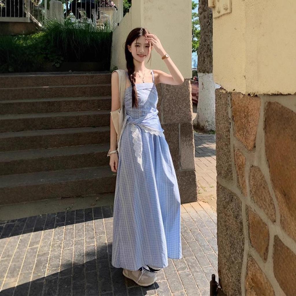 French Blue Checkered Spaghetti Strap Sleeveless Tank Dress - Women's Summer 2025 Seaside Vacation Long Dress