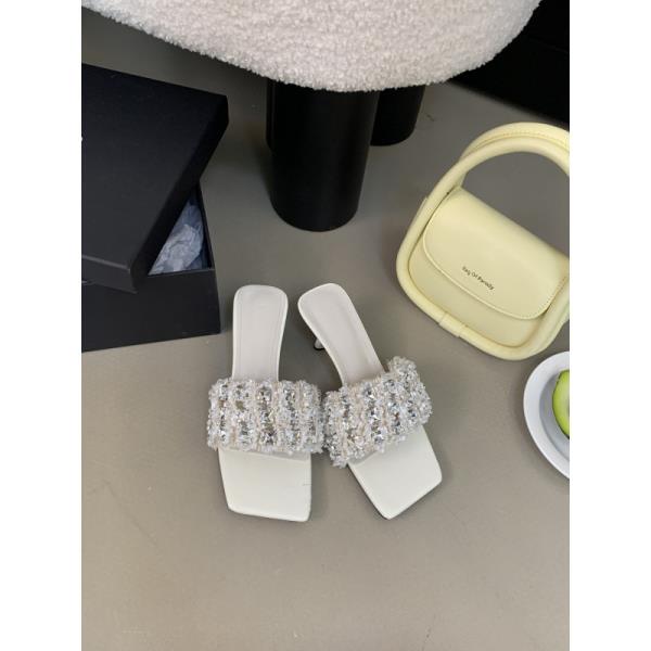 Fashion High-Heeled Shoes Lady Ladies' Slippers Low Luxury Slides Square Toe Slipers Women Jelly Flip Flops Designer 2025 Glitter Thin
