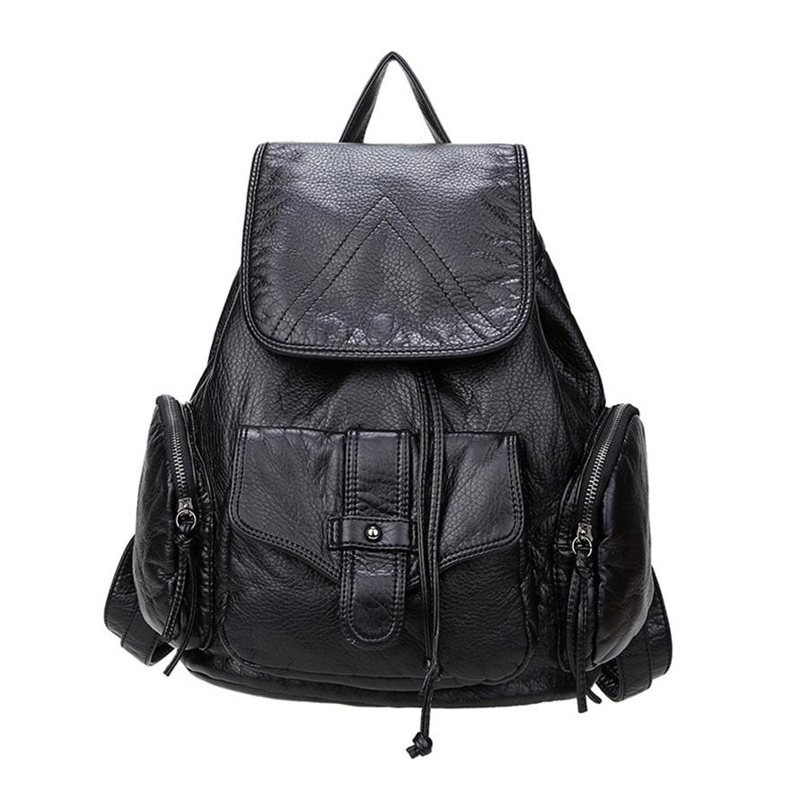 Soft Leather Women Backpack Large Travel Shoulder Bag Female Daypack Black Flip-Top Bagpack Laptop School Bag for Teenage Girls
