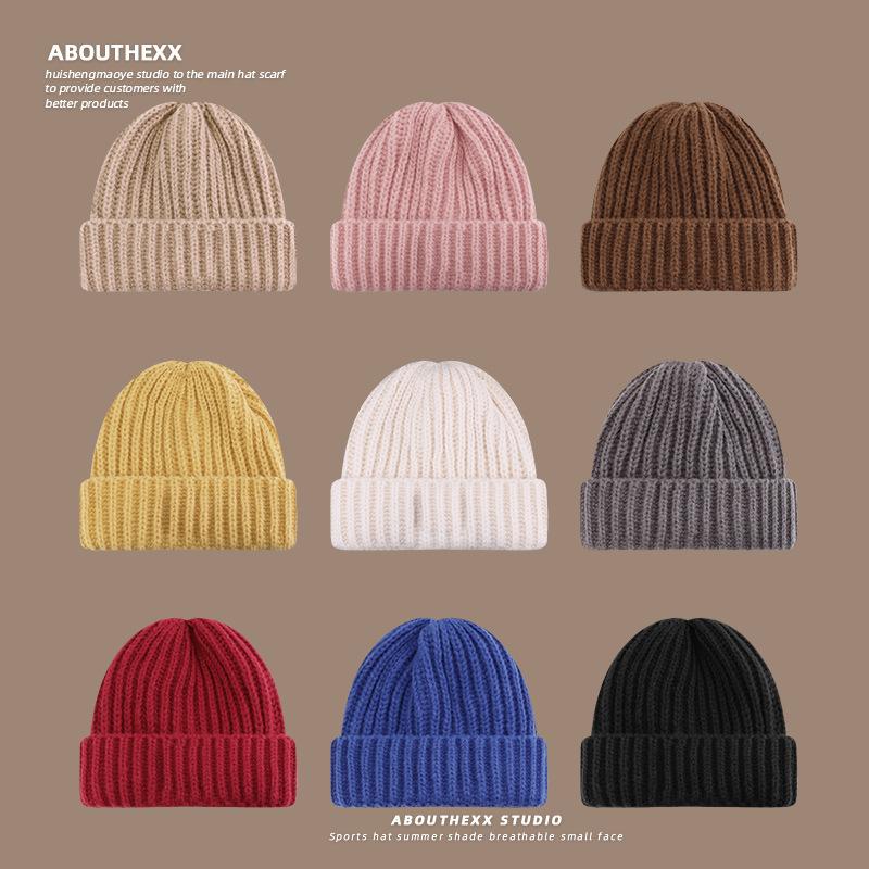Large size Face slim Hat for Women Autumn and Winter Solid Color Thick Knitted Hat  Cold Proof and Versatile Ear Protecting Wool Hat for Men