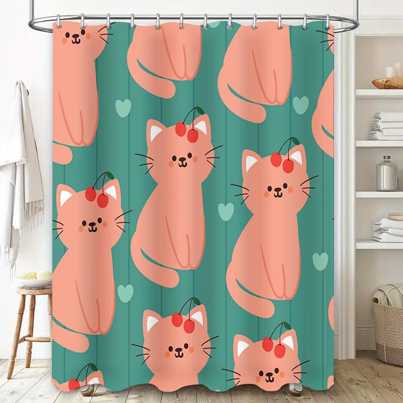 Polyester Waterproof Shower Curtain Featuring Cartoon Cherry Cats Design For Bathroom Decor, Available In Blue Green Colorway Wi