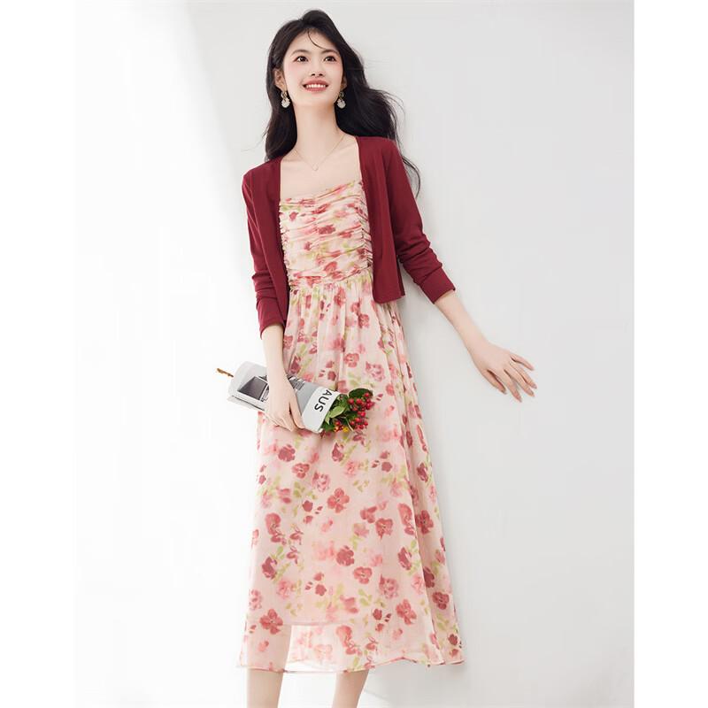 Xinfeiyu Women's Knit Cardigan & Printed Dress Two-Piece Set