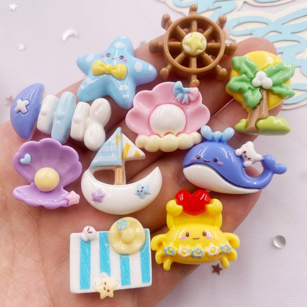 10pcs Colorful Resin Cartoon Ocean Series Figurine Crab Dolphin Pearl Shell Sailboat Flatback Scrapbook Decor DIY Jewelry Crafts