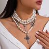 Hip Hop Punk Rose Flower Cross Necklace, Vintage Water Drop Pearl Beaded Necklace Set
