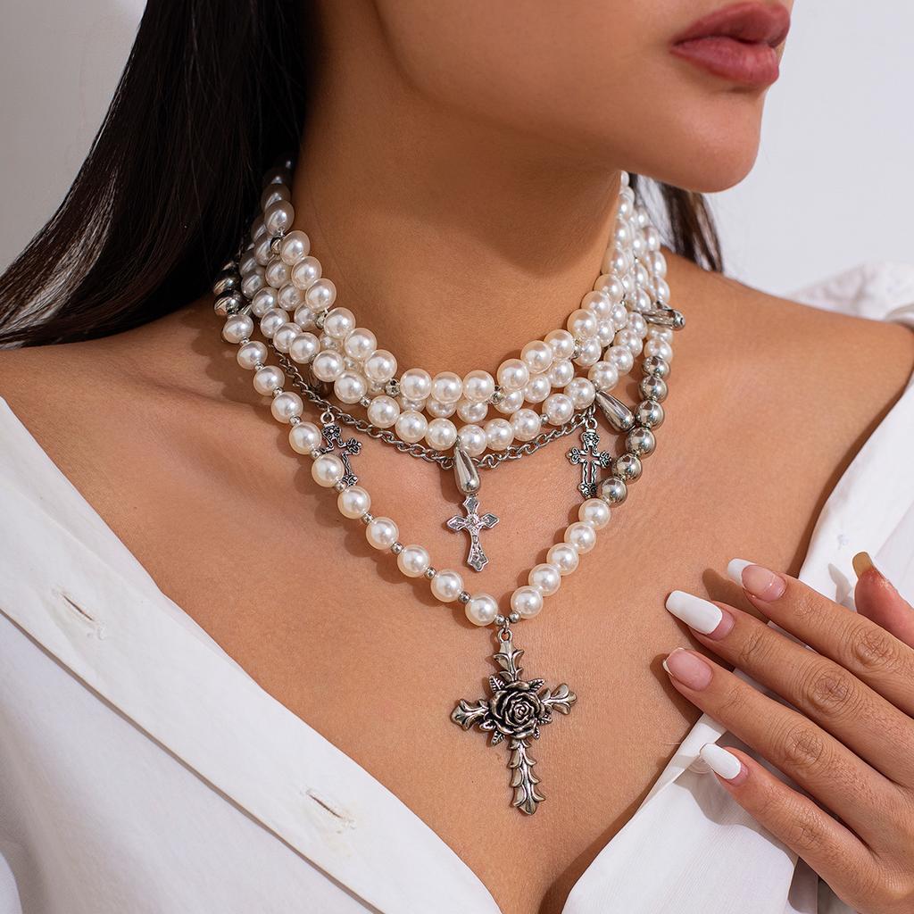 Hip Hop Punk Rose Flower Cross Necklace, Vintage Water Drop Pearl Beaded Necklace Set