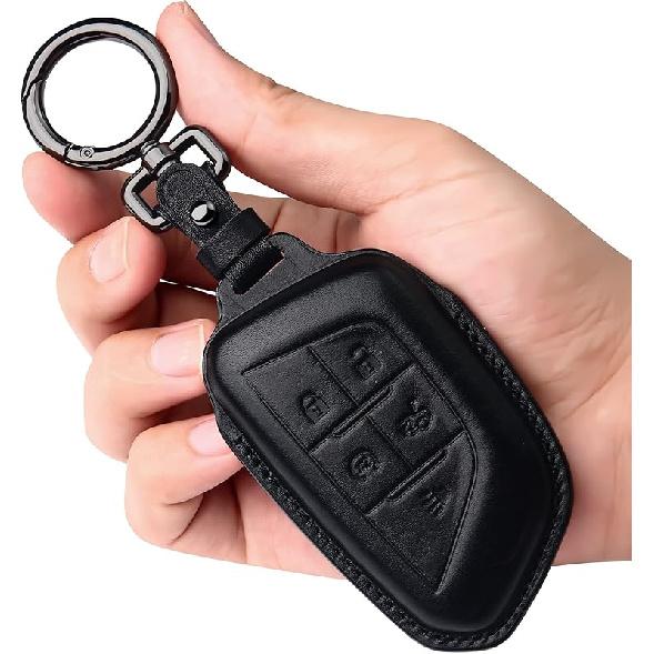 Tukellen for Cadillac Leather Key Fob Cover with Keychain Leather Key Case Key Shell 360 Degree Full Protection Compatible with Cadillac Escalade CTS
