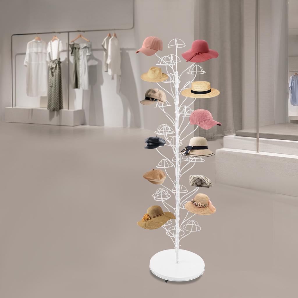 35-Hanger Rolling Hat Display Stand, White Floor-Standing Wig Cap Rack with Wheels - Adjustable 175cm Commercial Hat Holder