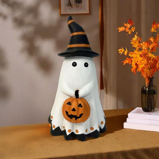 Yousheng Halloween Ghost Statue Small White Ghost with Pumpkin Figurine Cute Ghost Resin Tabletop Ornament for Indoor Outdoor Halloween Decor