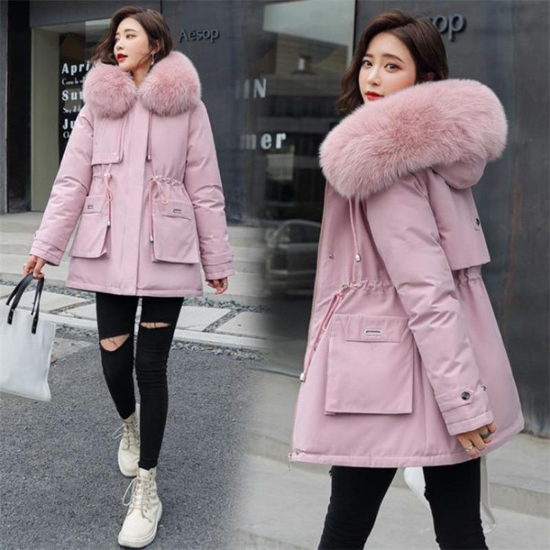 Loose Thick Padded Cotton Coat With Large Fur Collar Pockets For Women