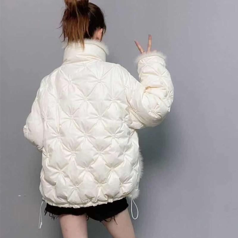 Women Autumn Winter White Duck Down Jacket Coat Padded Short Stand Fur Collar Single-breasted Pocket Loose Warm Solid Color