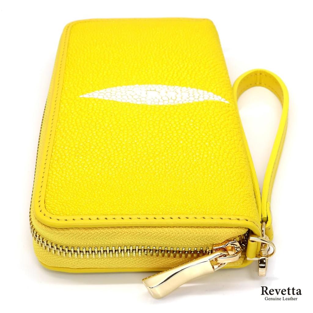 [Revetta] Stingray Leather Long Wallet, Yellow, Caviar Pearl Finish, Round Zipper, Genuine Leather, Women's, with Strap [233stw-2]