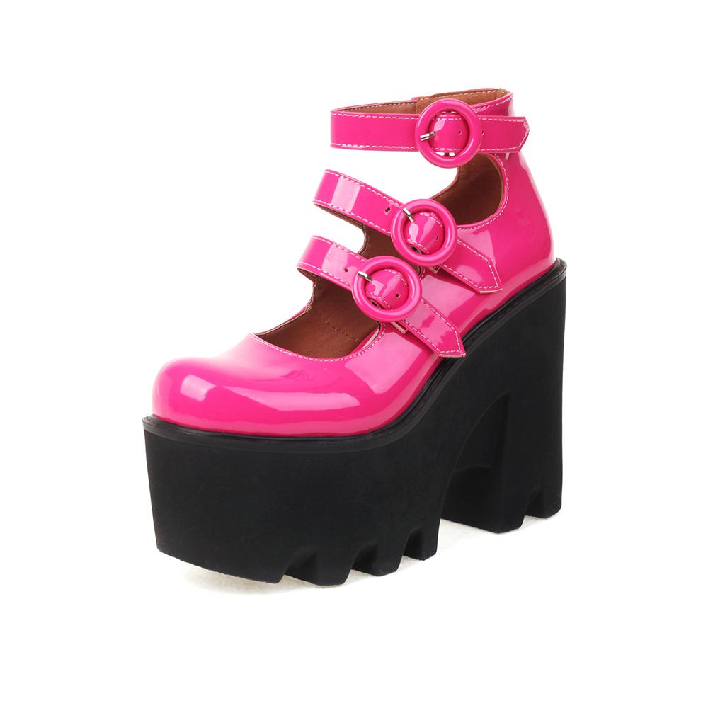 Three Rows Of Round Buckle Super High Wedges Sexy Women's Pumps Bright Patent Leather Super High Platform Women's High Heels