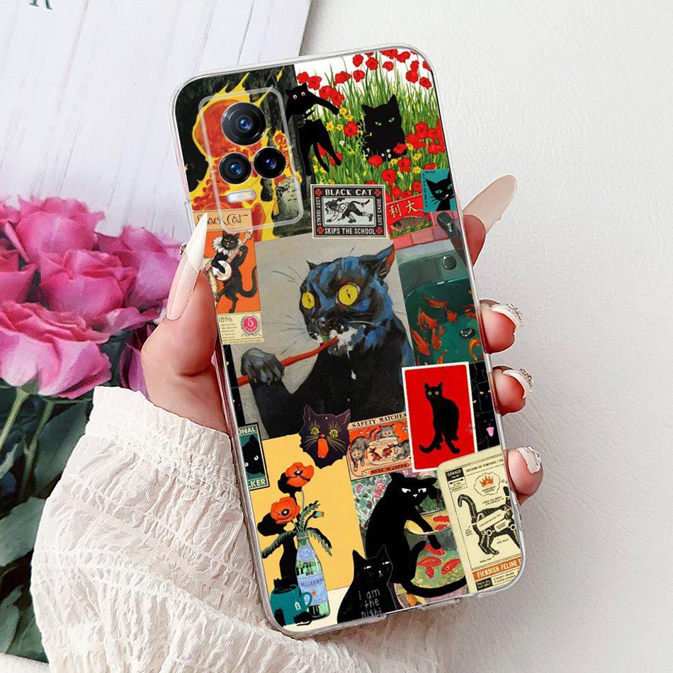 For Vivo V21e V2061 / V21 4G 5G V2050 V2066 Phone Case VivoV21e V 21 4G Elegant Floral Cat Printing Soft Silicone TPU Cases