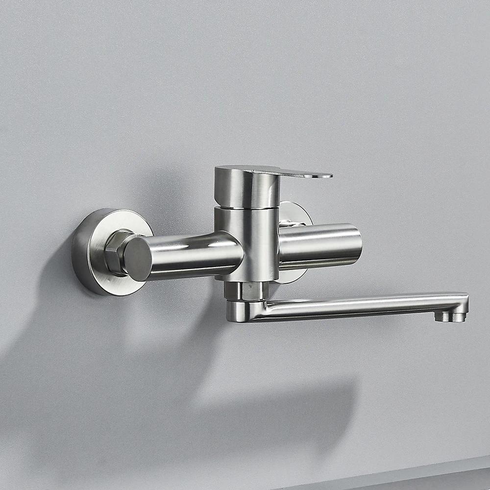 Brushed Nickle Kitchen Faucet Wall Mounted Bathroom Kitchen Mixer Tap Single Handle Hot Cold Faucet Dual Hole Rotating Spout