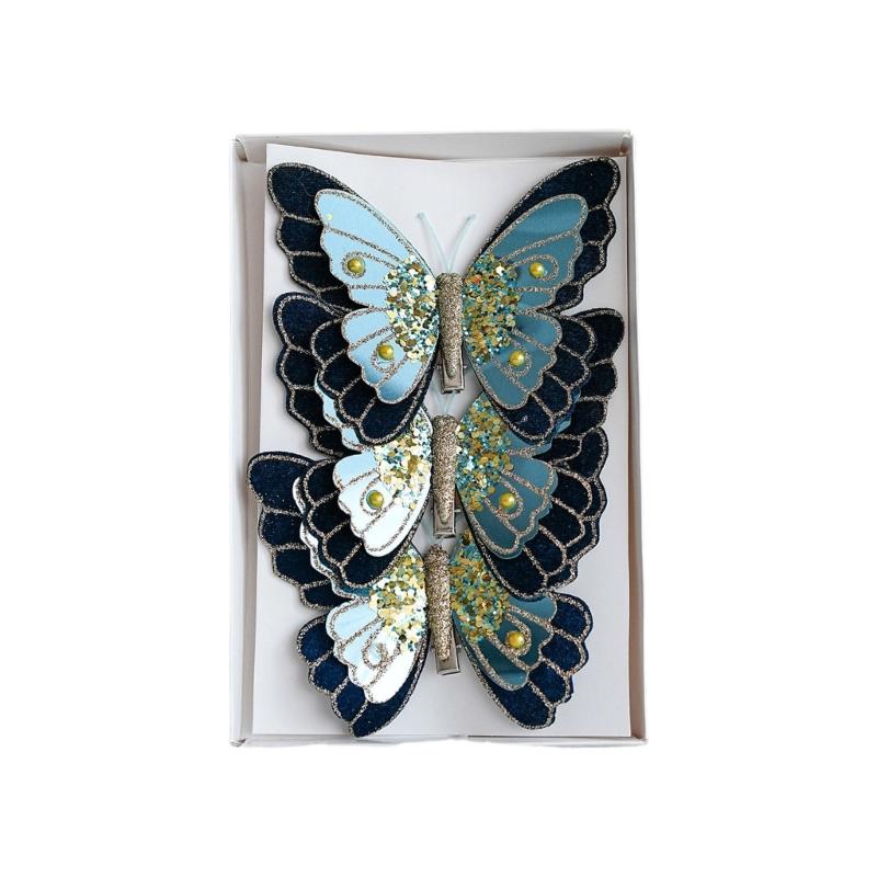 Pack Of 3 Double Layer Butterfly Christmas Tree Clip Accessory Elegant Fabric Ornament For Holiday Decorations