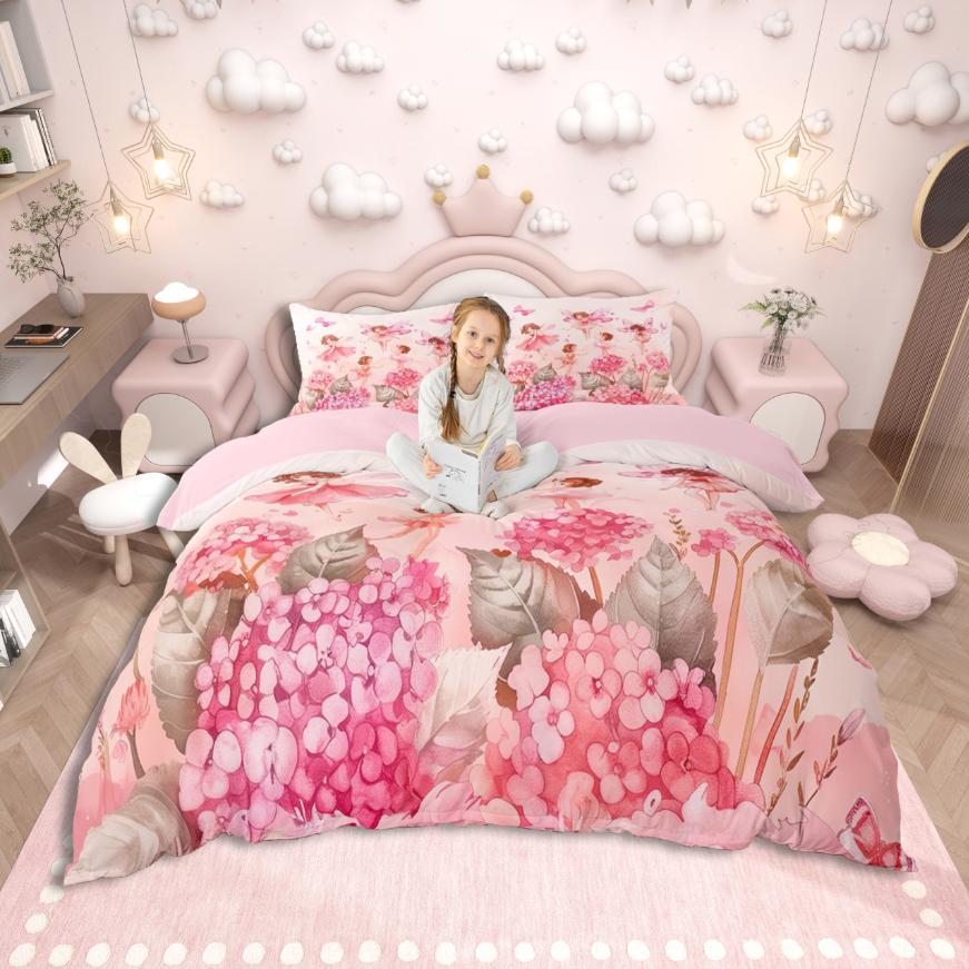 Homewish Cute Cartoon Elf Duvet Cover Set,Chic Flower Floral Bedding Set,Pink Purple White Bed Set For Girls