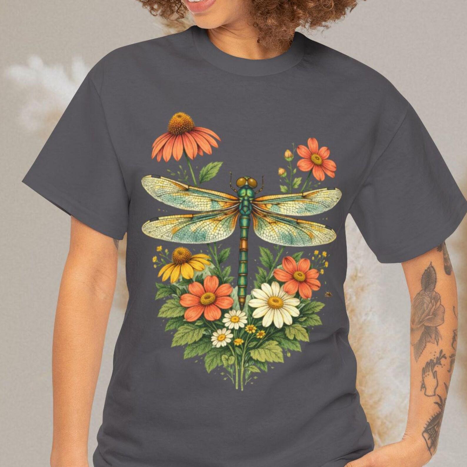 Dragonfly Wildflower Shirt, Botanical Dragonfly Tee, Cottagecore Nature T shirt, Garden Flower InsecT shirt, Nature Lover Gift 2XL