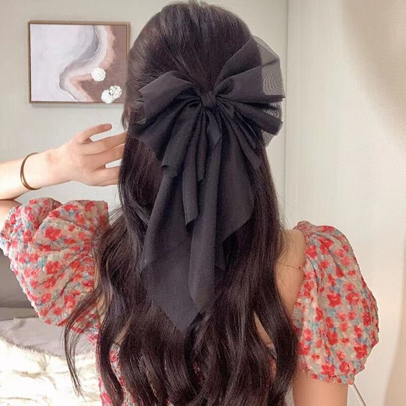 Mesh Streamer Bow Spring Clip Pink Large Bow Hairpin Girls Summer Ponytail Hair Clip Styling Hair Accessories Fashion Barrettes