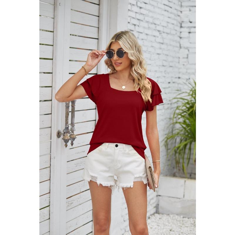 Sommer Damen T-Shirt Einfarbiges T-Shirt mit quadratischem Ausschnitt Doppelte Blütenblattärmel Lockeres Kurzarmoberteil