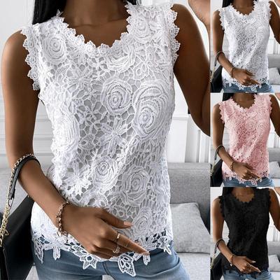 Women's Fashion Casual Sleeveless Lace Blouse Summer Solid Color Round Neck Vest Shirts Loose Tops Plus Size