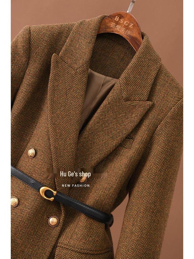 2025 Women's Double-Breasted Woolen Blazer: Mid-Length Autumn Winter Fashion Coat