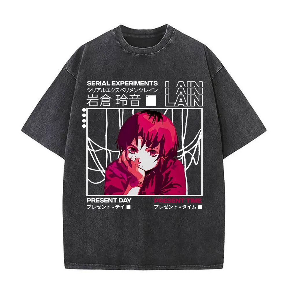 Washed Vintage Anime Serial Experiments Lain Face Graphic Tshirt Manga Girl Sci Fi Yk T Shirt Men Women Cotton Retro Tshirts