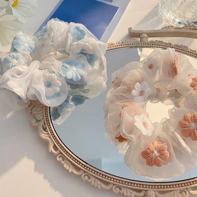 Scrunchie, Gopchang, Hair Tie, Flower Cream, See-Through Embroidery