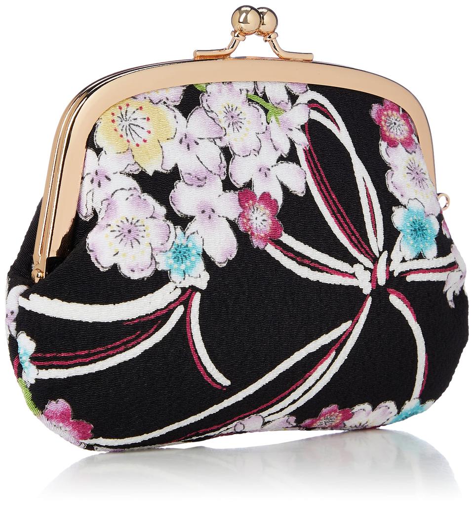 Uni Made in Futago Chirimen Japanese Pattern Clasp Wallet Blossom (N0207) Seni, Japan, Parent-Child [Cherry Knot, Black]