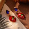 European Retro Geometric Red Metal Earrings with Pearl Flower Studs