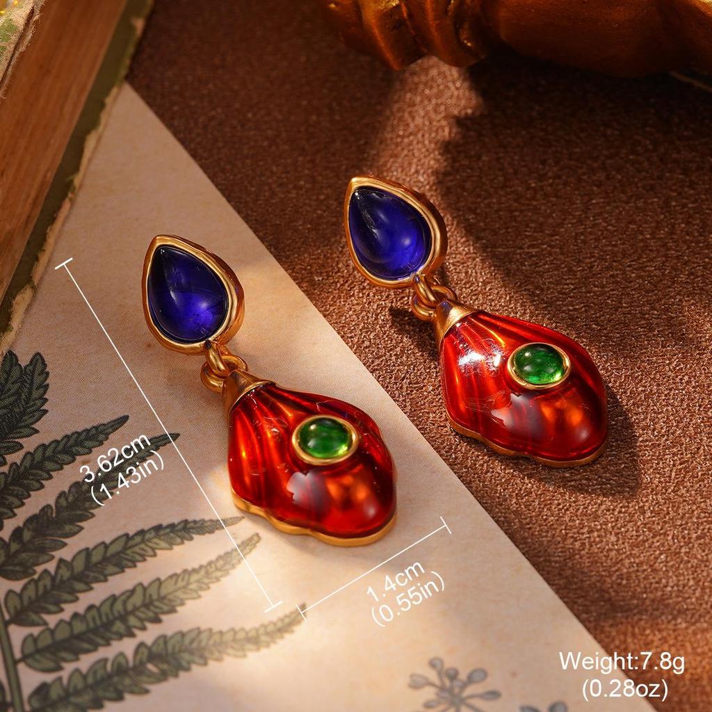 European Retro Geometric Red Metal Earrings with Pearl Flower Studs