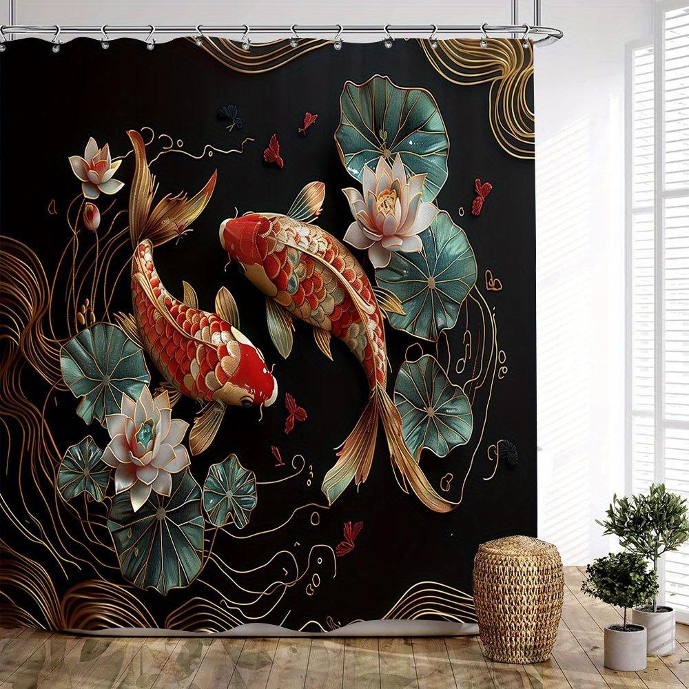 Asian Koi Fish Shower Curtain Red Gold Fish Lotus Pattern Oriental Art Elegant Bathroom Decor Waterproof Printed Bath Curtain