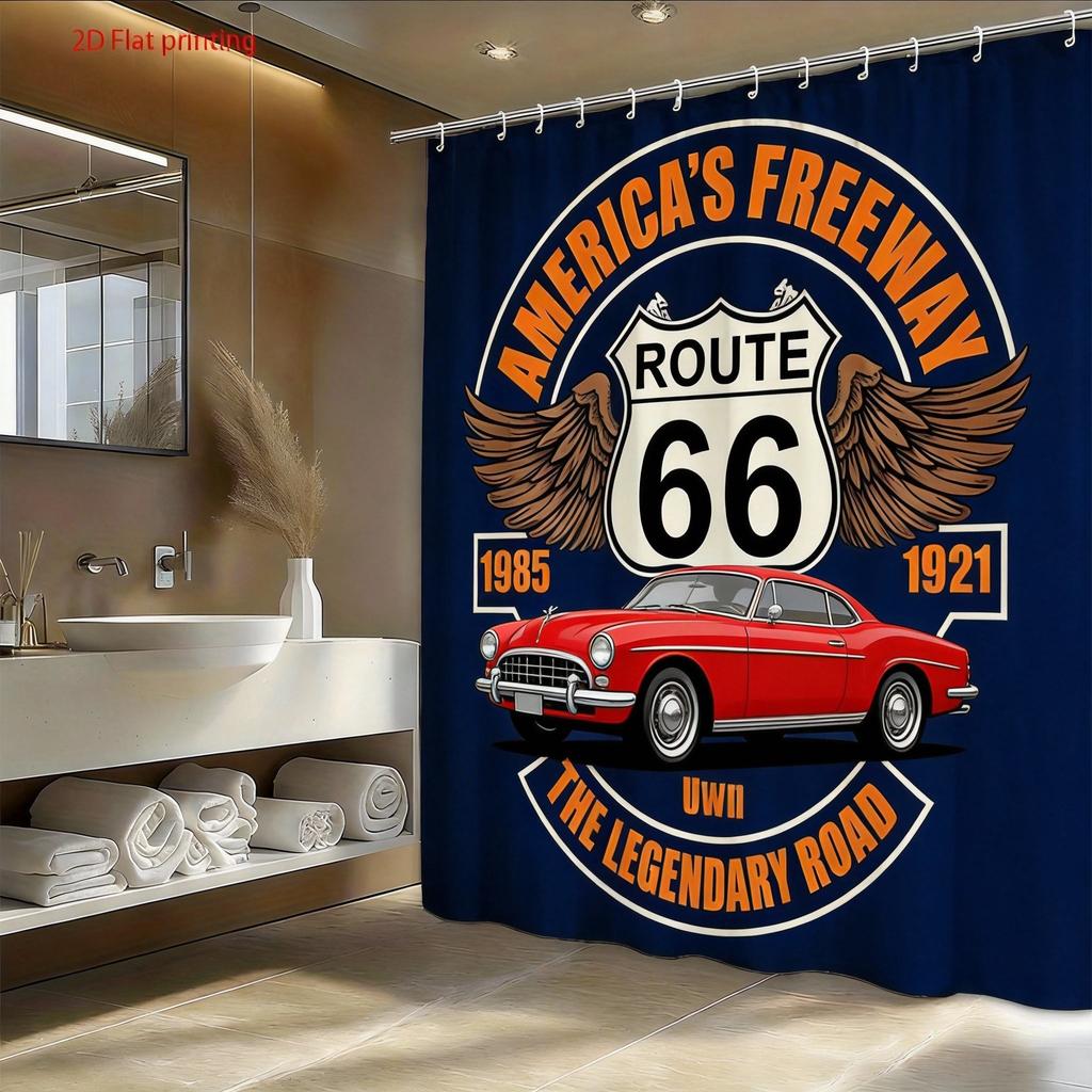 Route 66 Motorcycle Shower Curtain Retro American Highway Design With Chrome Bike And Wings Shower Curtain With Hook