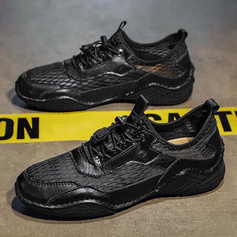 

Мужская обувь из натуральной кожи, летние дышащие теннисные мужские сандалии с отверстиями для отдыха на открытом воздухе, сетчатые пляжные серые кроссовки для спорта и отдыха 46