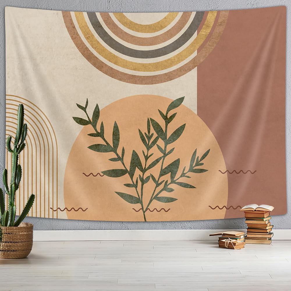 Mid Century Modern Abstracte Kunst Wandkleed, Minimalistisch Salieplant Zon Retro Boho Wandkleed, Geel Wit Bruin Geometrisch