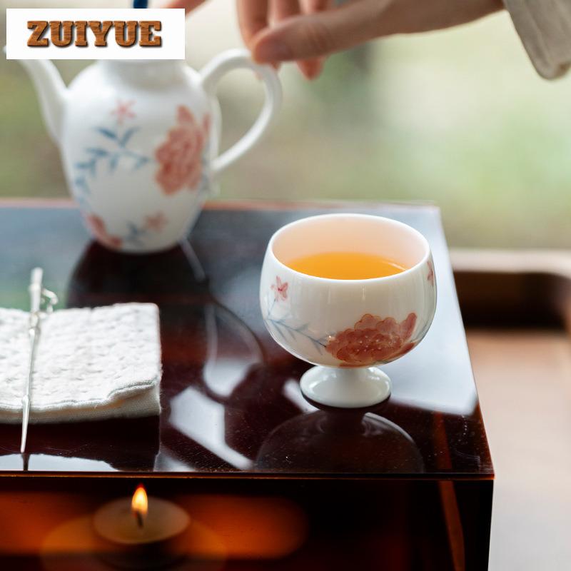 90ml Hand Drawn Peony Flower Teacup Arita Porcelain High Footed Tea Bowl Master Cup Meditation Cup Coffee Mug Tea Ceremony Gift