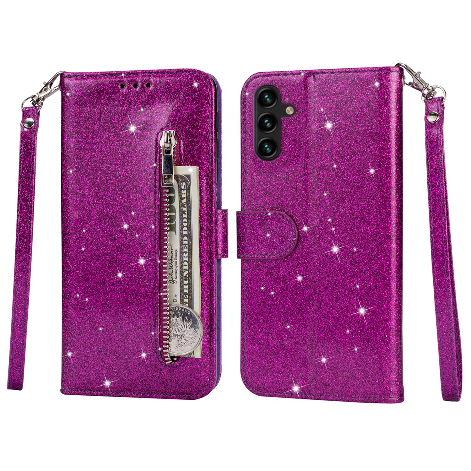 

For Samsung Galaxy A16 5G/4G Stand Case Glitter Phone Leather Cover Zipper Pocket Purple