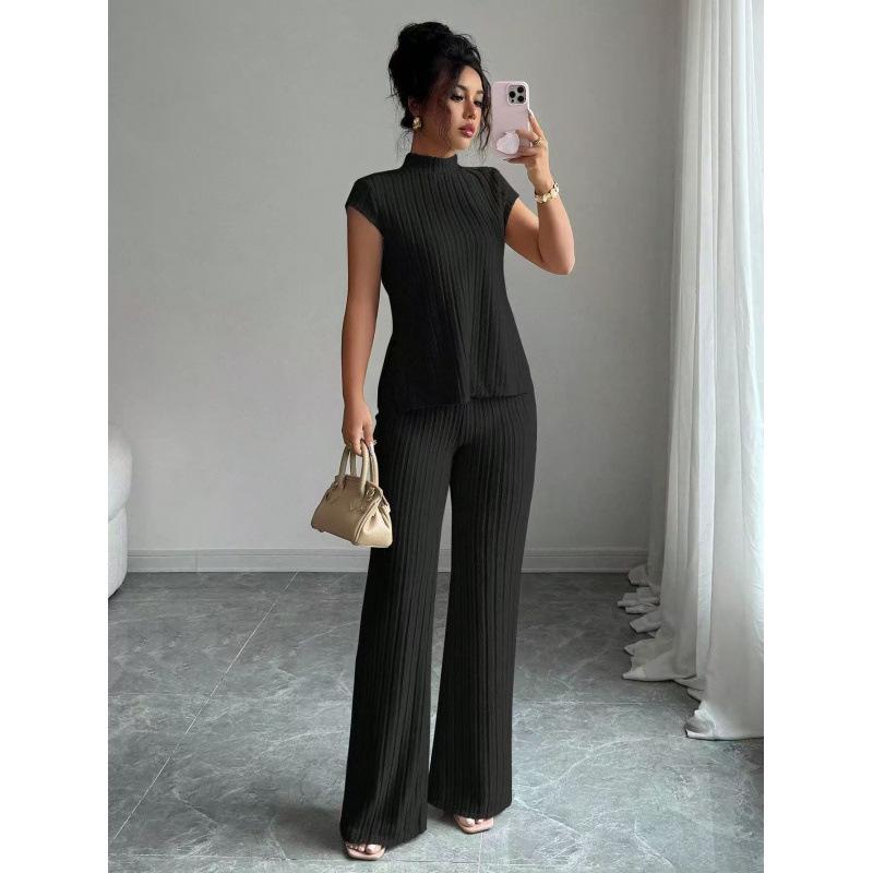 European Women's Solid Color Short-sleeve T-shirt & Ribbed Pants Set - 2025 Style