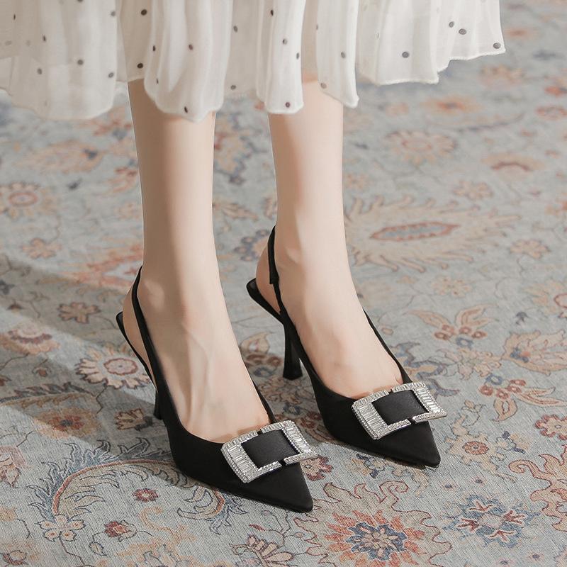 Black Bag Head Sandals Women's 2025 New Rhinestone Pointed Heel Back Strap 100 Matching Skirt Rear Empty High Heels
