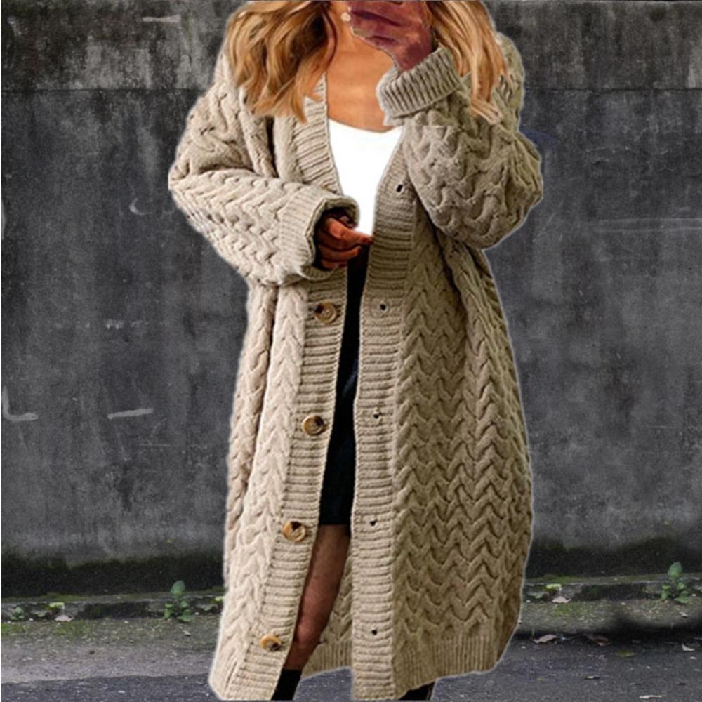 Neuer Herbst- und Winterstil Langer Zopfstrickpullover Damen Einfarbig Knopfleiste Große Strickjacke Mantel