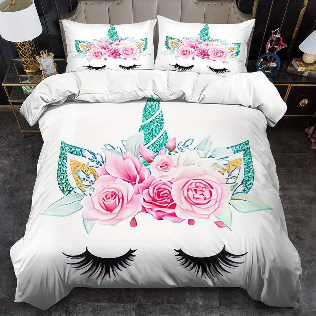 Cartoon Rainbow Print Unicorn Duvet Cover Set Multi Size Quilt Cover Queen Size Bedroom Bedding Decoration Machine Washable Adult Boy Girl