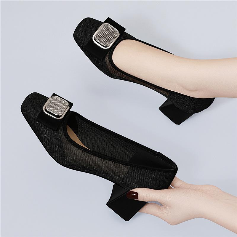 New square head light mouth breathable mesh leather single shoes solid color square heel large size low heel spring and summer women's shoes