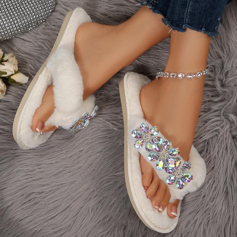 Fashion Rhinestone Floral Fur Flip Flops Women Winter Indoor Open Top Slip On Cotton Slippers Woman Comfort Faux Fur Plush Slippers Lady