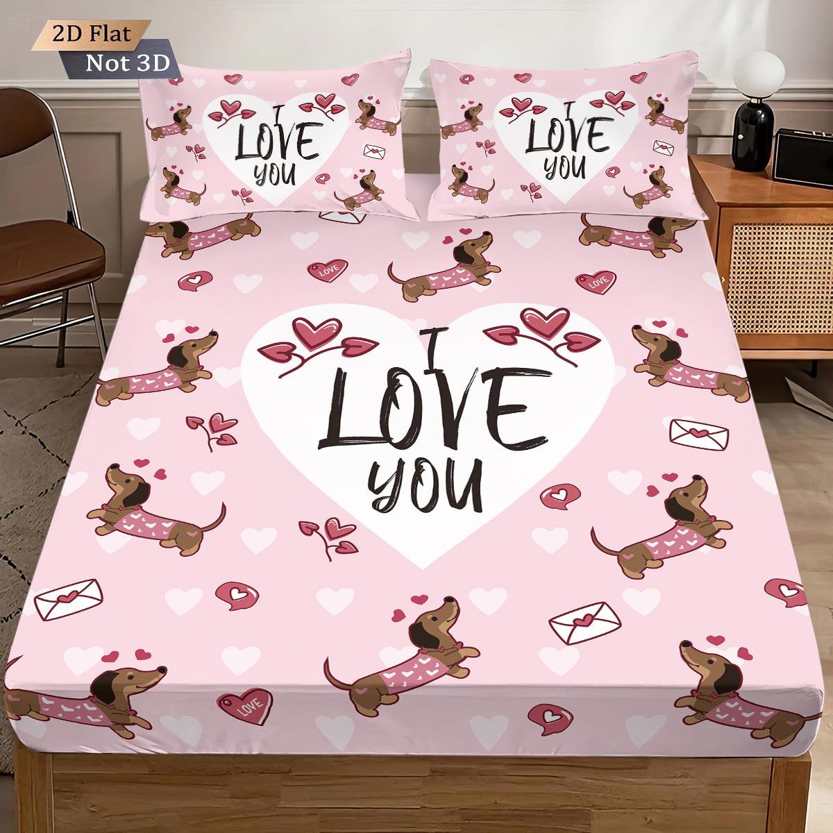 

3pcs Valentine s Day Romantic Sausage Dog Pink Printed Chipless Bed Sheet Set Multi Size Bedroom Bed Cover Decoration 90x191