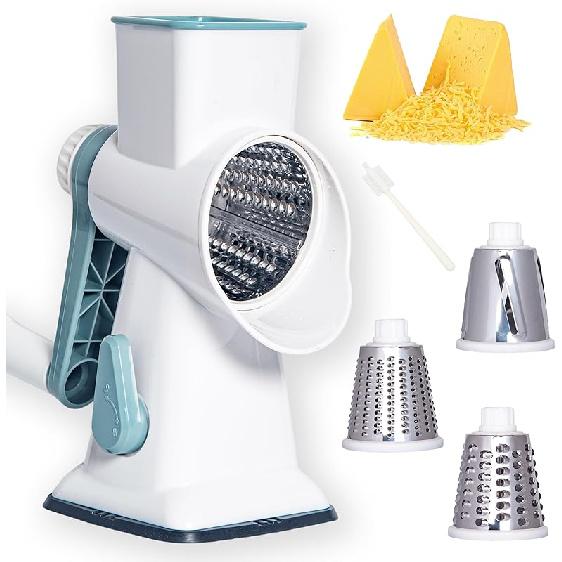 Rotary Cheese Grater Cheese Shredder, Cheese Grater Handheld with Strong Suction Base,Kitchen Vegetable Slicer 3 Replaceable Stainless Drum Blades