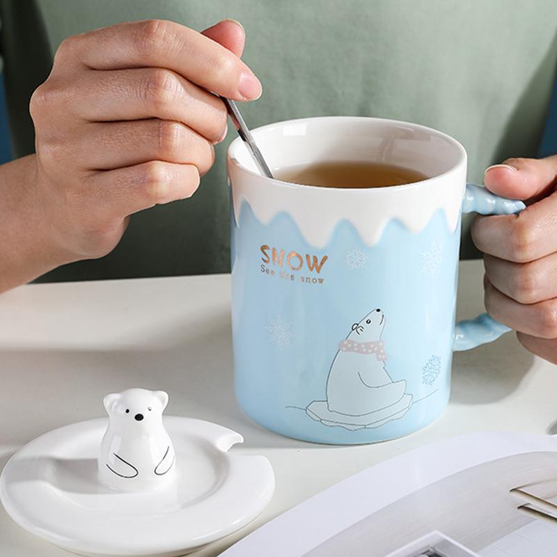 Cute Polar Bear Ceramic Mug With Lid Spoon Coffee Cups Creative Drinkware Coffee Tea Milk Cup Gifts