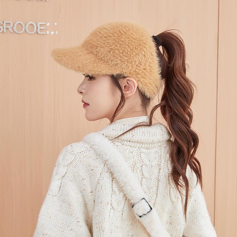 Autumn and Winter Warm Baseball Cap Women's High Ponytail Wool Knitted Peaked Hat Cycling Cold Protection Ear Protection Hollow Top Hat Trendy