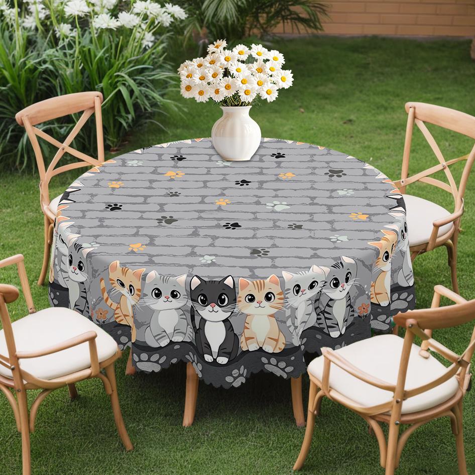 1 Piece Of Cat-Themed Tablecloth, Round Or Rectangular Tablecloth With Cute Cat And Paw Print Patterns, Suitable For Autumn Holiday Gatherings, Family